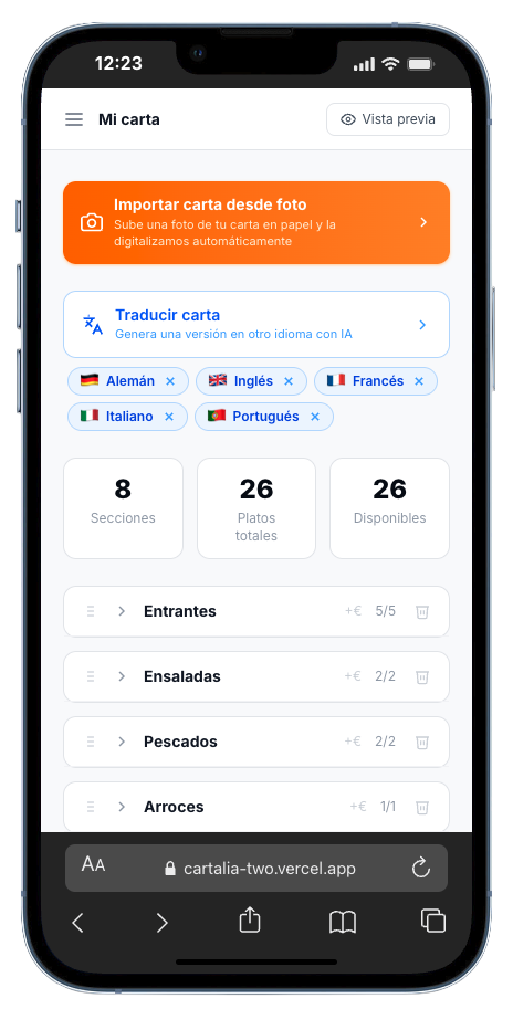 Panel de gestión de carta digital - Importar carta, traducir a múltiples idiomas y configurar platos