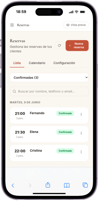 Panel de reservas online Bookarta — calendario, turnos y gestión de mesas