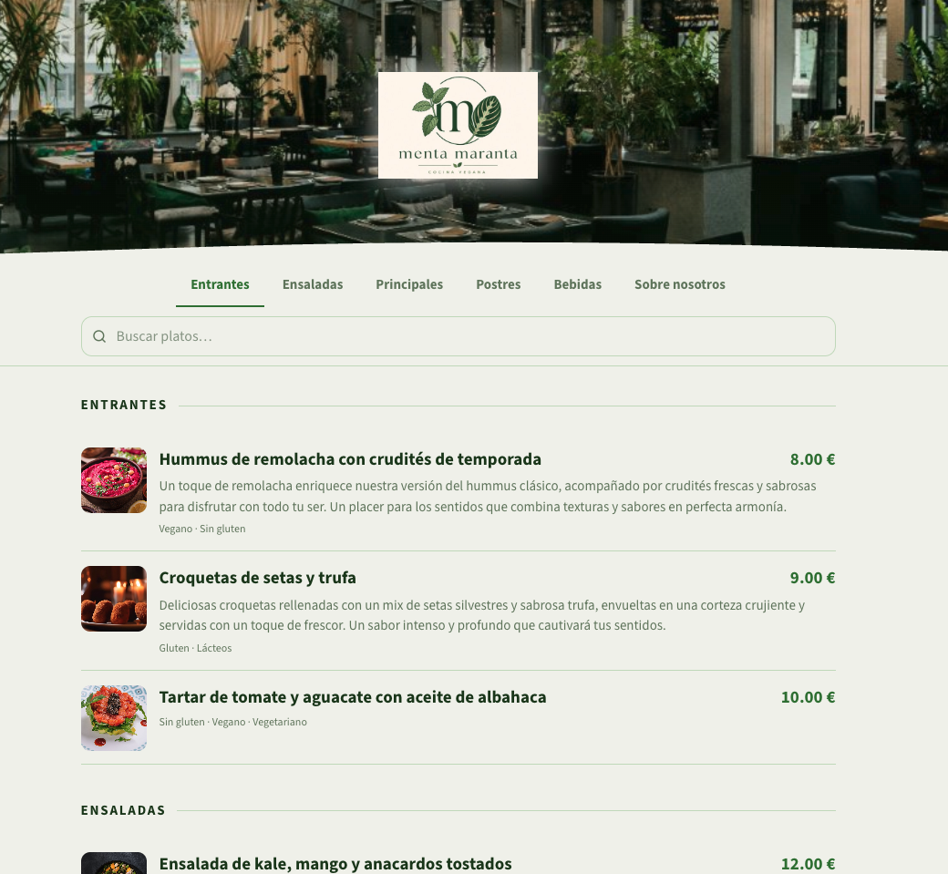 Plantilla botanico — Ejemplo de carta digital y reservas