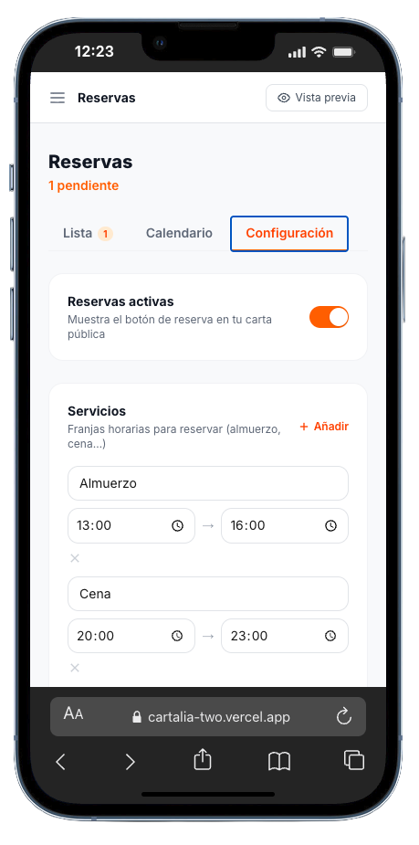 Panel de reservas - Gestión de turnos, servicios y configuración de disponibilidad